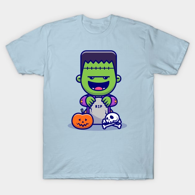 Cute Frankenstein laughing With Tombstones, Skulls, and  Pumpkin Halloween Cartoon T-Shirt by Catalyst Labs